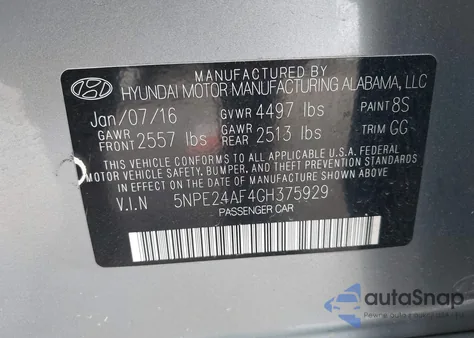 2016 Hyundai Sonata Se z USA, uszkodzony, nr VIN 5NPE24AF4GH375929